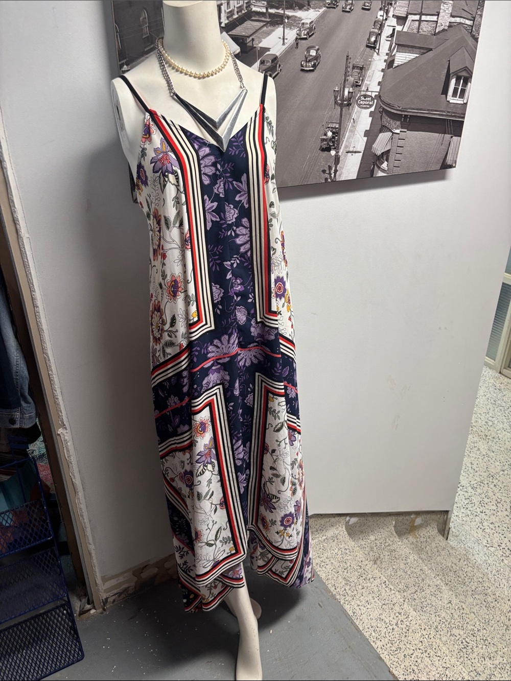 Nanette Lepore Navy & White Floral Border Maxi Slip Dress